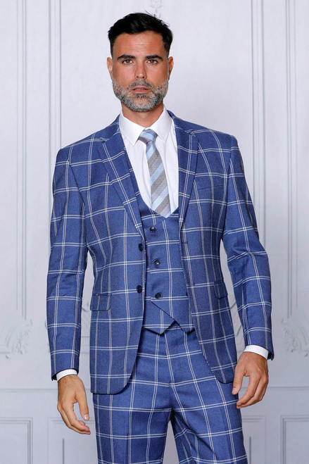 Vinci Manzini Men's Blue Fancy Plaid 3 Piece Suit 1920s Vest Oxford 