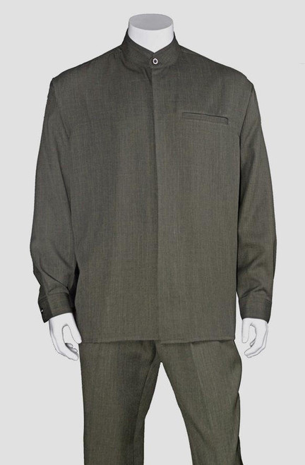  Milano Big Size Mens Olive Banded Collar Walking Suit 2826X 