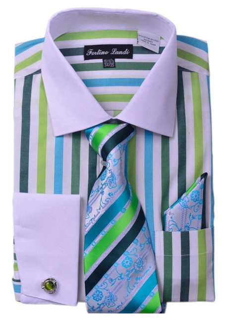  Milano Mens Green Candy Stripe Fancy Shirt Tie Set FL629 