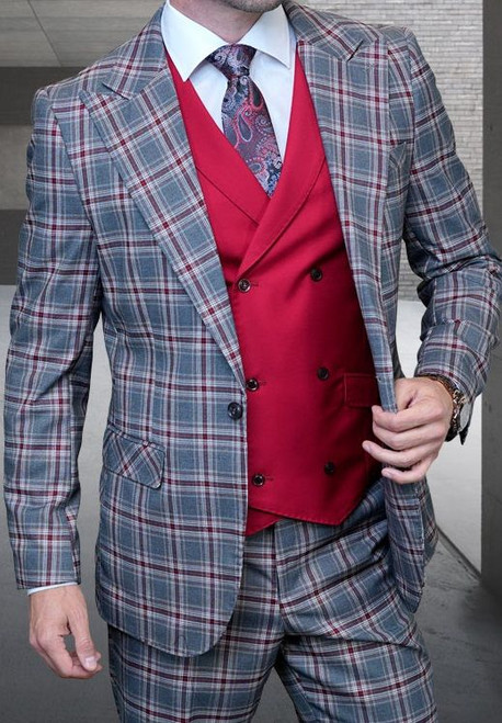 Statement Men's Wool Plaid Suit Charcoal DB Vest Tailored Fit Sunset