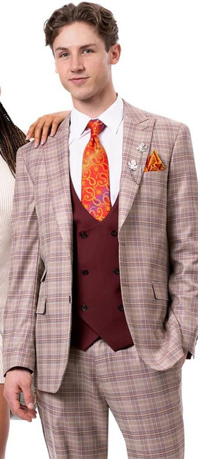 EJ Samuel EJ Men's Tan/ Wine  Fashion Tailored Fit Suit 3pc.DB  Vest M2804 