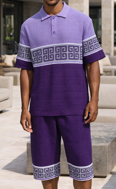 Stacy Adams Knit Polo Short Set for Men Purple Greek Key 21000