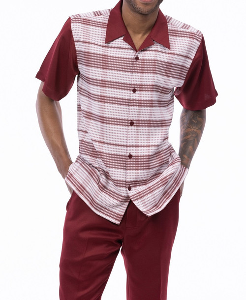Montique Mens Burgundy Pattern Walking Suit Short Sleeve 2512
