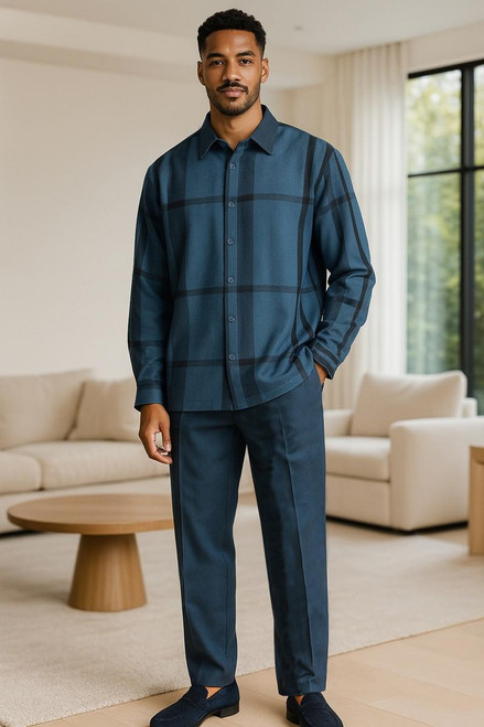 Montique Stacy Adams Mens Leisure Walking Suit Blue Pattern 84018 