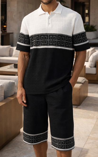 Stacy Adams Knitted Polo Short Set for Men White Greek Key 21000