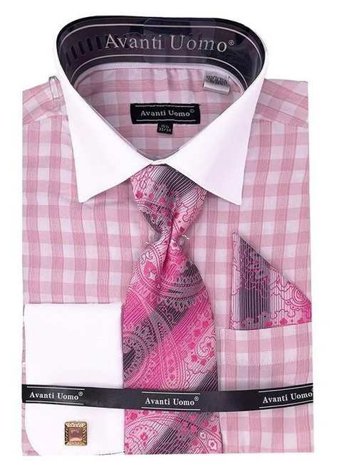  Mens Pink Ginham Dress Shirt Set French Cuff Avanti DN106M 