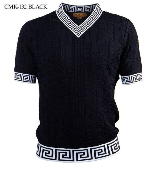  Prestige Black Greek Key Knit V-Neck Short Sleeve Shirt CMK932 132 