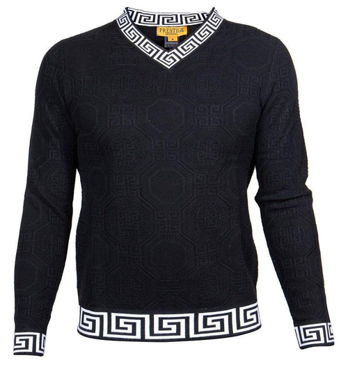  Prestige Sweater Black V-Neck Fashion Pullover Greek Key Designer SW468 