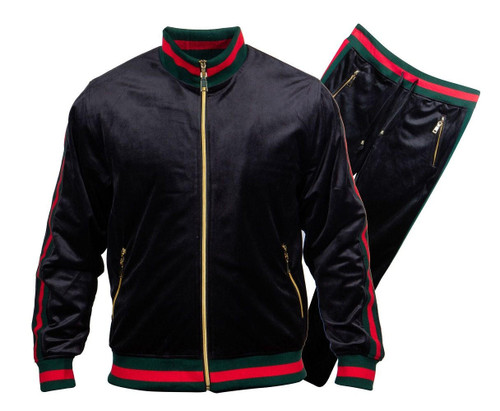  Prestige Mens Black Red Green Velvet Tracksuit Designer JGS124 