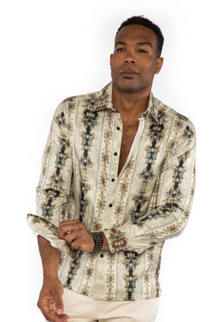  Prestige Mens Designer Beige Button Down Shirt Art Print No Tuck PR-433 Size 2XL 