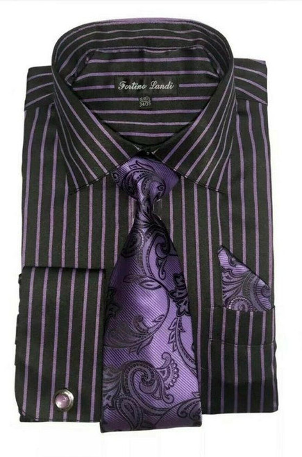  Mens French Cuff Shirt Tie Set Purple Black Stripe FL633 