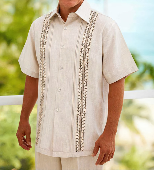 Pronti Men's Tan Guayavera Shirt Pants Outfit Tropical Set SP8603
