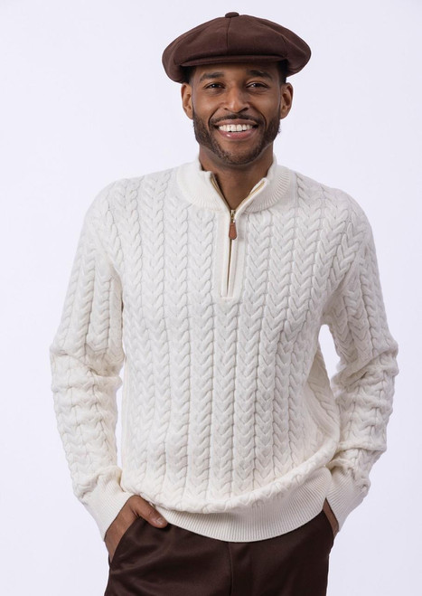  Montique Mens Ivory Cable Knit Sweater Zip Neck SW-103 