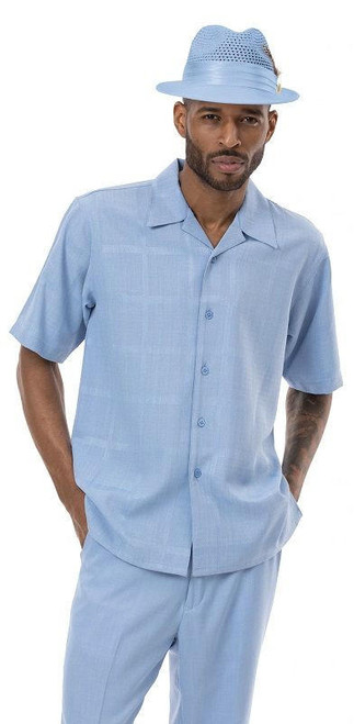  Montique Blue 2 Piece Short Sleeve Men's Summer Walking Suit Tone on Tone Plaid 2210 