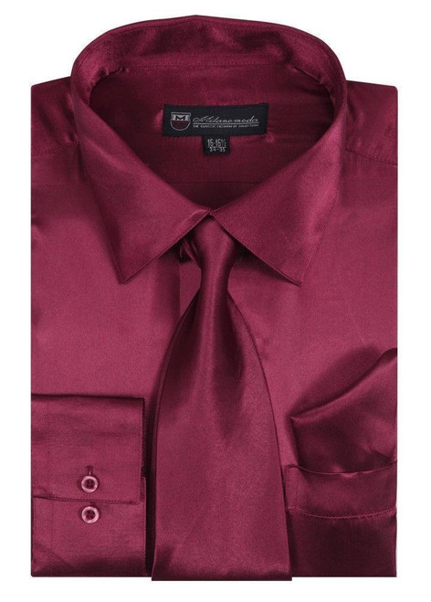  Fashion Silky Satin Shirt Mens Burgundy Tie Set DE 3012 