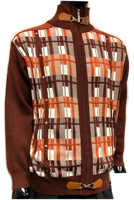  Silversilk Mens Rust Square Design Full Cardigan Zipper Front Sweater 3246 