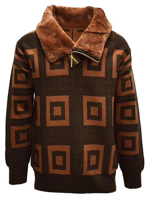  Silversilk Mens Fashion Sweater Brown Fancy Pattern Fur Collar 4210 Size 3XL 