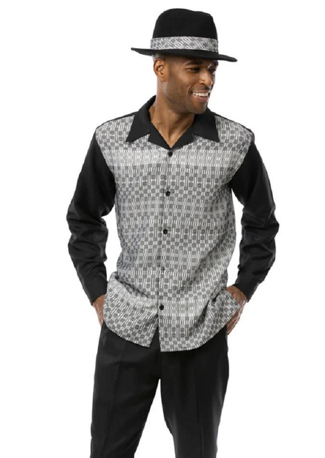  Montique Mens Walking Suit 2 Piece Set Black Pattern Long Sleeve 2357 