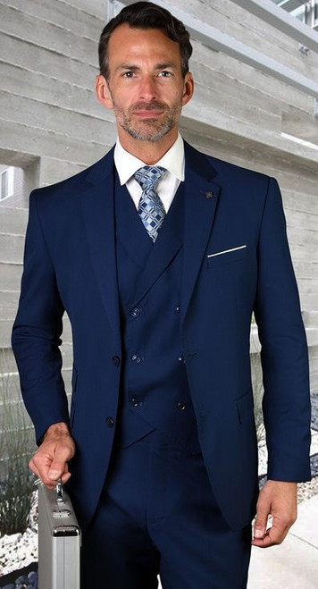  Statement Men's Wool 3 Piece Tailored Fit Sapphire DB Vest Suit Lazio 