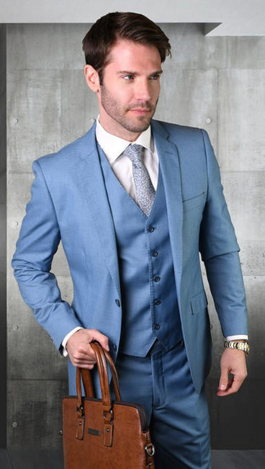  Statement 100% Wool Modern Fit Steel Blue 3 Piece Suit STZV-100 