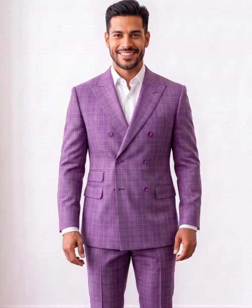  Mens 1940s Double Breasted Wide Lapel Suit Plum Plaid DRW-7 