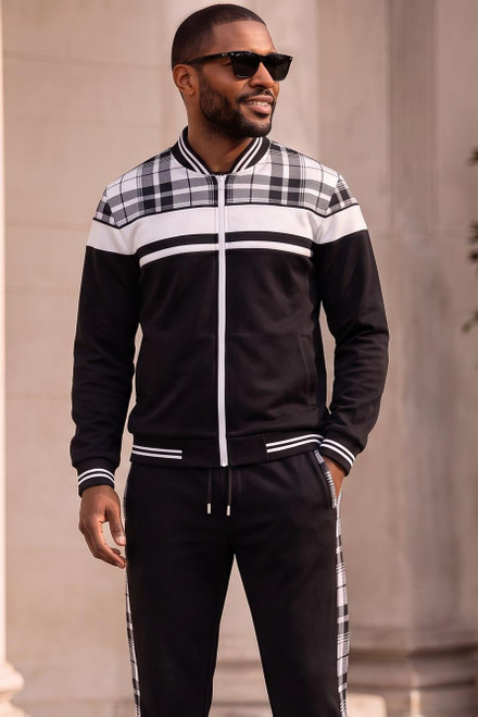  Stacy Adams Men's Black Plaid Casual Jogger Tracksuit Set 2587 