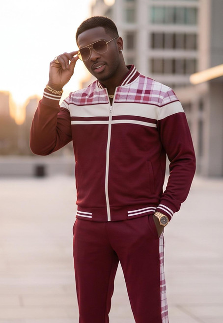  Stacy Adams Men's Burgundy Plaid Casual Jogger Tracksuit Set 2587 
