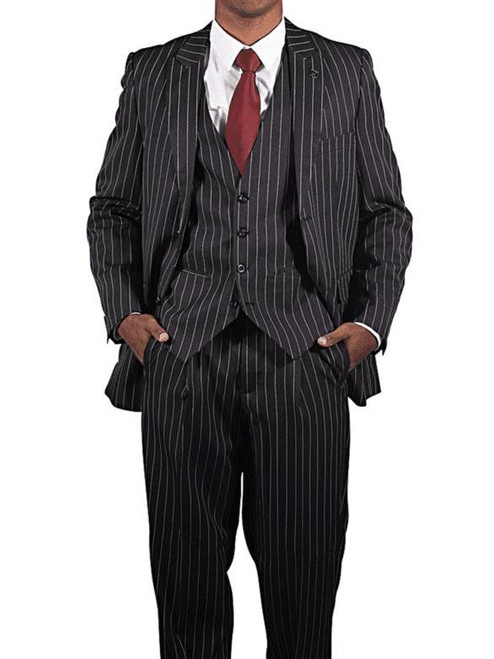 Vinci Gangster Suits Mens Black Bold Stripe 3 Pc Vest Vintage Style Vinci V2RS-9 