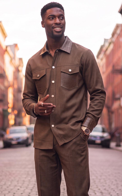  Pronti Men's Light Brown Croc Trim Top Pants Set SP8201 