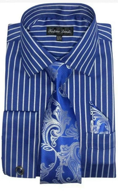  French Cuff Shirt Tie Set Men Royal Blue Stripe Fortini FL633 