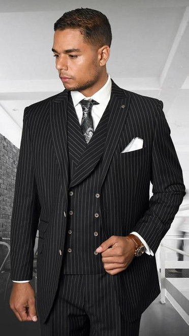  Statement Wool Suit Men's 3 Pc. Black Pinstripe Vest Suit Zarelli 