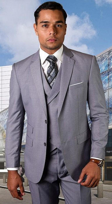  Statement Men's Wool 3 Piece Tailored Fit Grey DB Vest Suit Lazio 