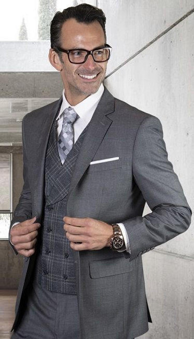  Statement Mens 100% Wool Modern Fit Grey 3 Piece Suit STZV-100 