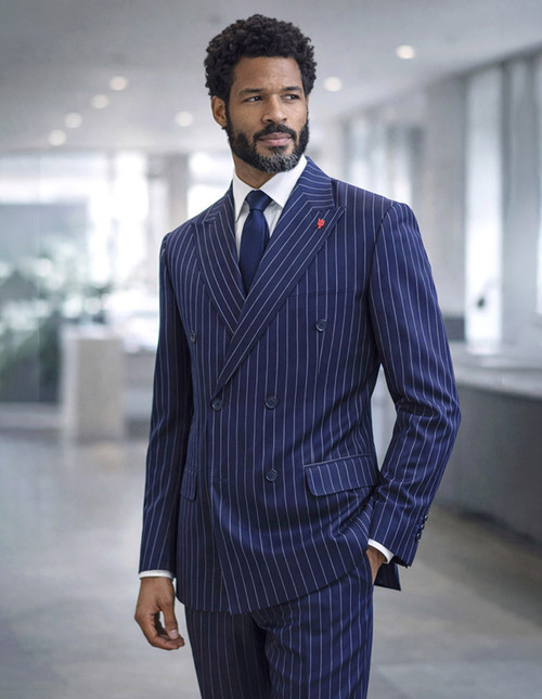 Statement Mens Double Breasted Pinstripe Navy Tailored Fit Suit SD-105