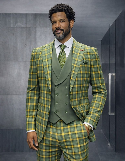 Statement Men's Loud Plaid Wool Suit Peak Lapel Tailored Fit Olive Ava