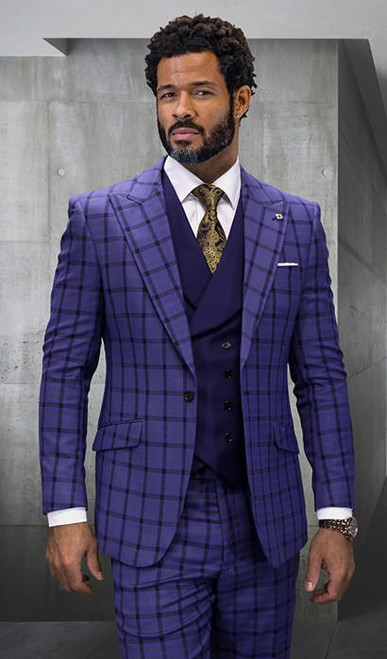  Statement Men's Wool Plaid Windowpane Suit Sapphire Contrasting Vest Tailored Fit Mantua 