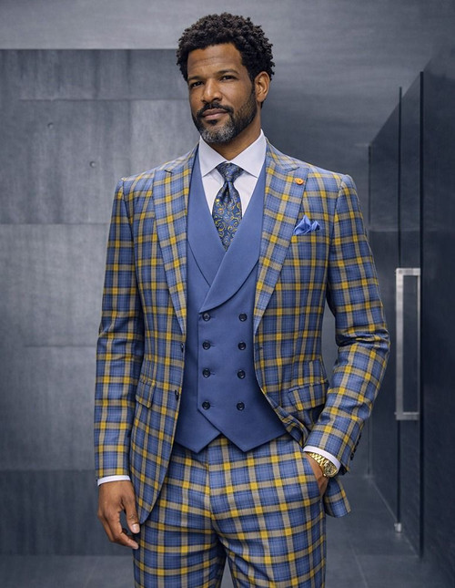 Statement Men's Loud Plaid Wool Suit Peak Lapel Tailored Fit Indigo Ava