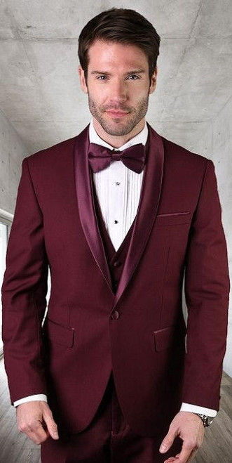  Statement Mens 3 Piece Burgundy Shawl Collar Modern Fit Tuxedo TUX-SH 