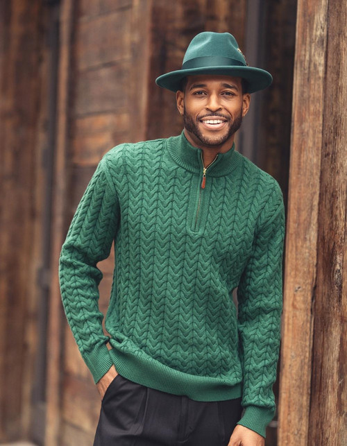 Silversilk Montique Mens Green Cable Knit Sweater Zip Neck SW-103 