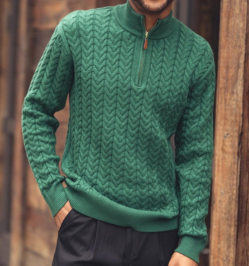 Silversilk Montique Mens Green Cable Knit Sweater Zip Neck SW-103 
