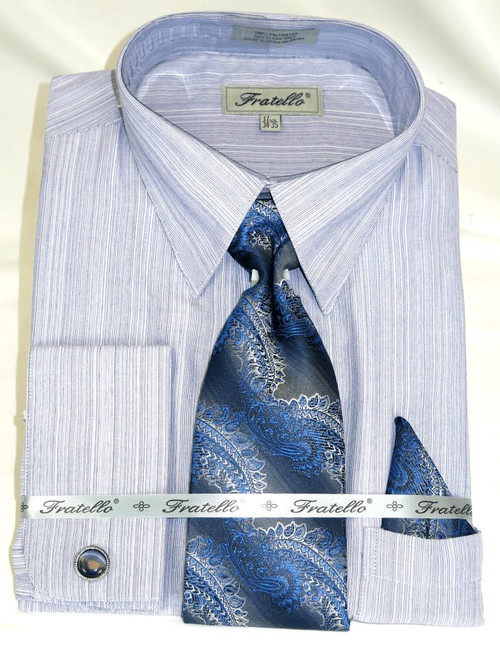  Shirt with Tie French Cuff Blue Fine Line Fratello FRV4152 