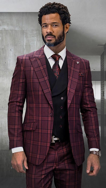  Statement Men's Wool Plaid Modern Fit Suit with Vest Burgundy 3 Piece Fino 