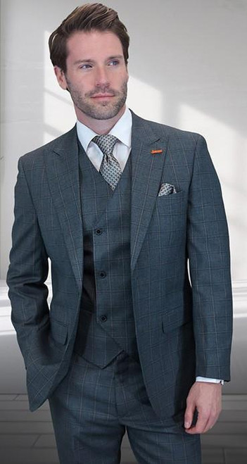  Statement Men's Wool Windowpane Modern Fit Suit with Vest Olive 3 Piece Monte 