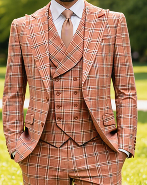  Statement Men's Wool Windowpane Suit with Vest Salmon 3 Piece Modern Fit Sergio 