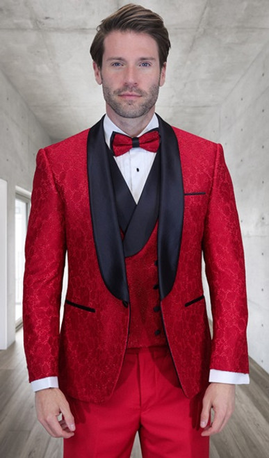 Men's Stylish Red Textured Pattern Modern Fit Party Tux DB Vest Statement Grammy