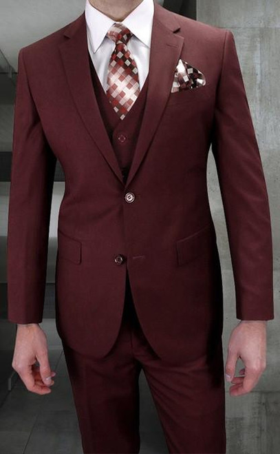  Statement Suits Mens 3 Piece Modern Fit Burgundy Color STZV-102 