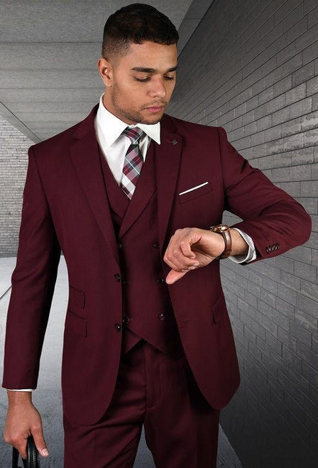  Statement Men's Wool 3 Piece Tailored Fit Burgundy DB Vest Suit Lazio 