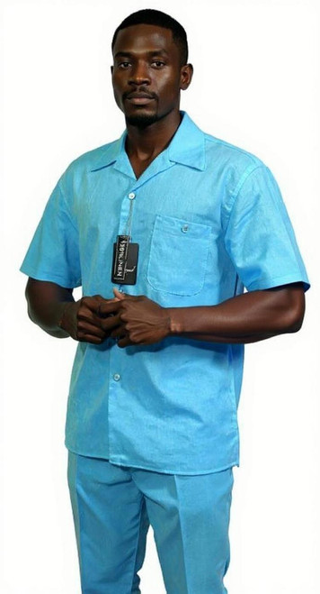  Successo Mens Turquoise Linen Walking Suit Short Sleeve Outfit 1065 