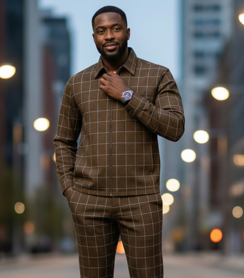 Pronti Men's Brown Windowpane Leisure Suit BP6789