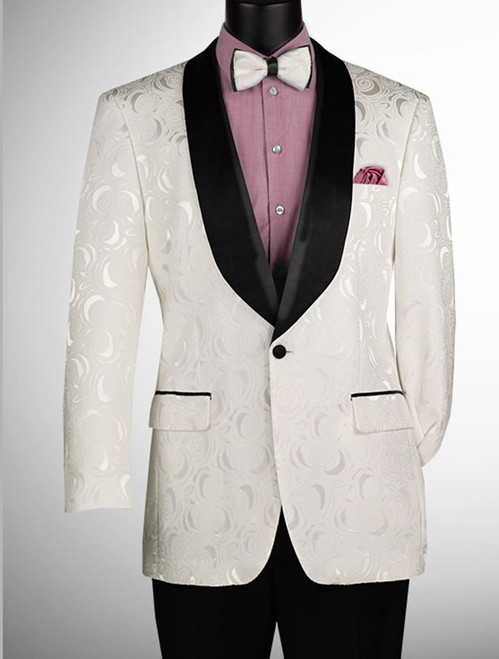  Men's White Black Tuxedo Blazer Floral Modern Fit BF-8 